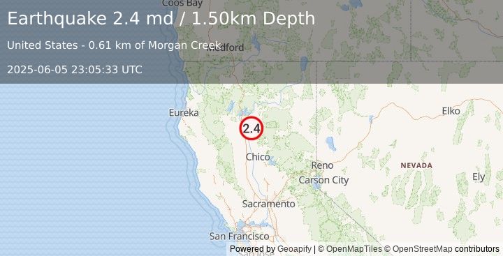 Earthquake 15 km W of Manton, CA (2.4 md) (2025-06-05 23:05:33 UTC)