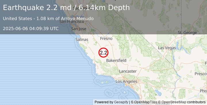 Earthquake 16 km SSW of Kettleman City, CA (2.2 md) (2025-06-06 04:09:39 UTC)