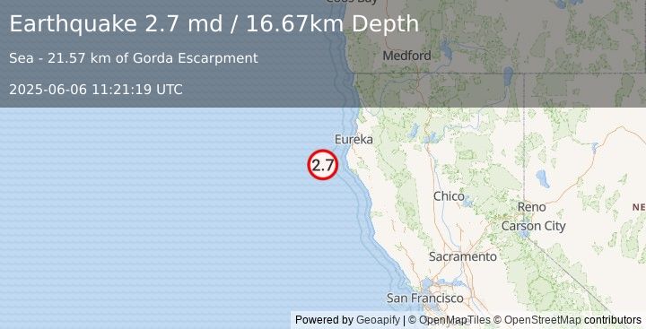 Earthquake 54 km W of Petrolia, CA (2.7 md) (2025-06-06 11:21:19 UTC)