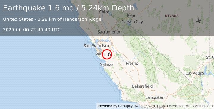 Earthquake 14 km NNE of Morgan Hill, CA (1.6 md) (2025-06-06 22:45:40 UTC)