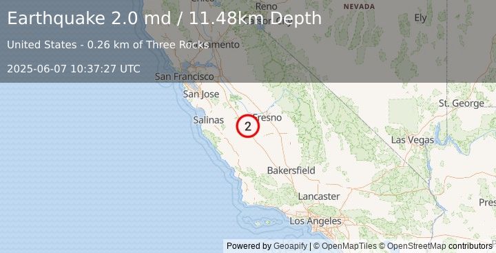 Earthquake 13 km WSW of Cantua Creek, CA (1.8 md) (2025-06-07 10:37:28 UTC)