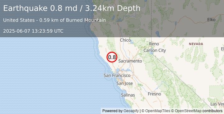 Earthquake 3 km NW of The Geysers, CA (0.8 md) (2025-06-07 13:23:59 UTC)