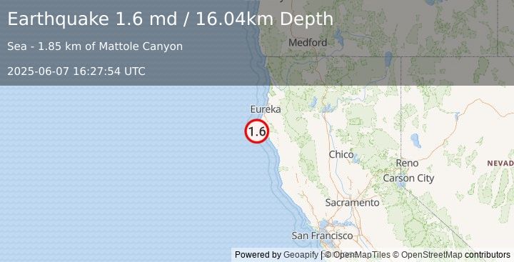 Earthquake 14 km WSW of Petrolia, CA (1.6 md) (2025-06-07 16:27:54 UTC)