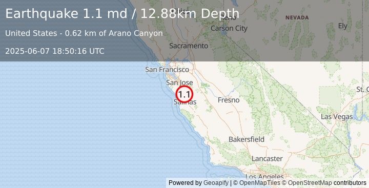Earthquake 5 km ESE of Interlaken, CA (1.1 md) (2025-06-07 18:50:16 UTC)