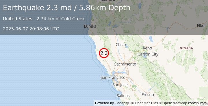 Earthquake 9 km SE of Redwood Valley, CA (2.3 md) (2025-06-07 20:08:06 UTC)