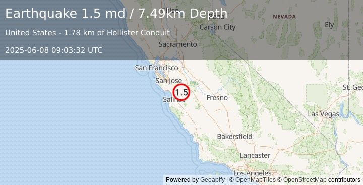 Earthquake 9 km NE of Hollister, CA (1.5 md) (2025-06-08 09:03:32 UTC)