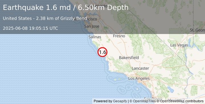Earthquake 15 km ENE of San Simeon, CA (1.6 md) (2025-06-08 19:05:15 UTC)