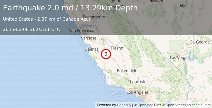Earthquake 8 km SE of New Idria, CA (2.0 md) (2025-06-08 20:03:11 UTC)