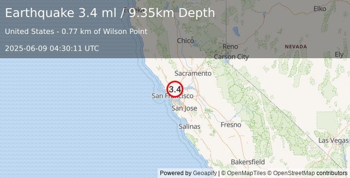 Earthquake 2 km NNW of Pinole, CA (3.4 ml) (2025-06-09 04:30:11 UTC)