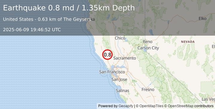 Earthquake 0 km NNW of The Geysers, CA (0.8 md) (2025-06-09 19:46:52 UTC)