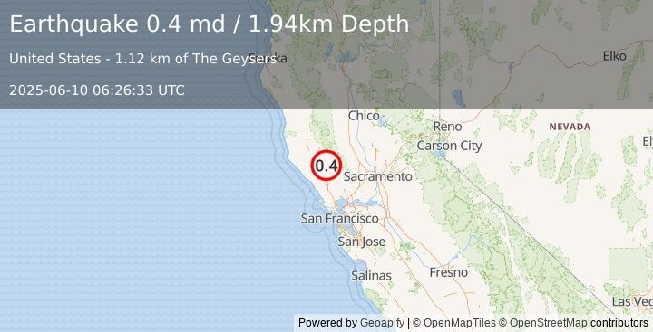 Earthquake 1 km SE of The Geysers, CA (0.4 md) (2025-06-10 06:26:33 UTC)