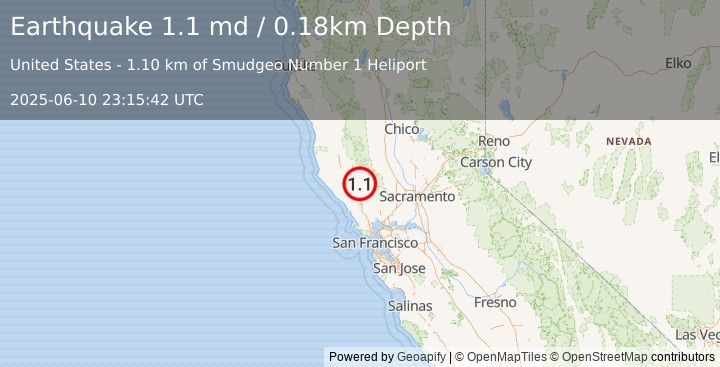 Earthquake 2 km NNE of The Geysers, CA (1.1 md) (2025-06-10 23:15:42 UTC)