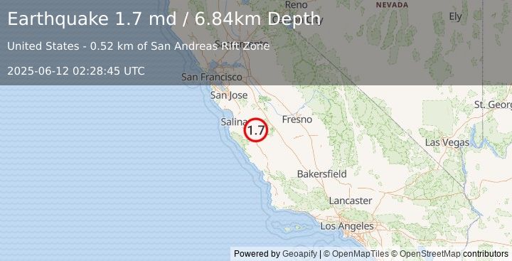 Earthquake 12 km SSE of Pinnacles, CA (1.7 md) (2025-06-12 02:28:45 UTC)