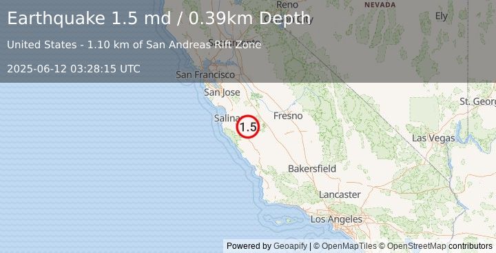 Earthquake 11 km SSE of Pinnacles, CA (1.5 md) (2025-06-12 03:28:15 UTC)