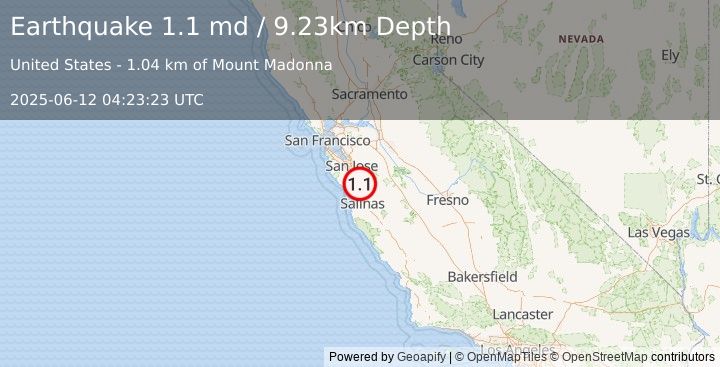 Earthquake 8 km NNE of Interlaken, CA (1.1 md) (2025-06-12 04:23:23 UTC)
