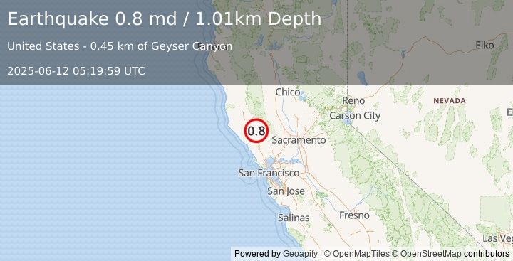 Earthquake 5 km NW of The Geysers, CA (0.8 md) (2025-06-12 05:19:59 UTC)