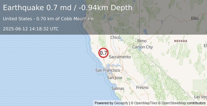 Earthquake 3 km SW of Cobb, CA (0.7 md) (2025-06-12 14:18:32 UTC)
