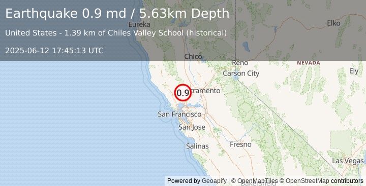 Earthquake 13 km NE of Yountville, CA (0.9 md) (2025-06-12 17:45:13 UTC)