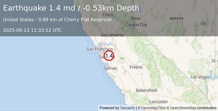Earthquake 8 km ENE of Alum Rock, CA (1.4 md) (2025-06-13 11:33:52 UTC)