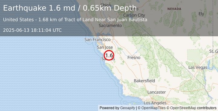 Earthquake 4 km WNW of San Juan Bautista, CA (1.6 md) (2025-06-13 18:11:04 UTC)