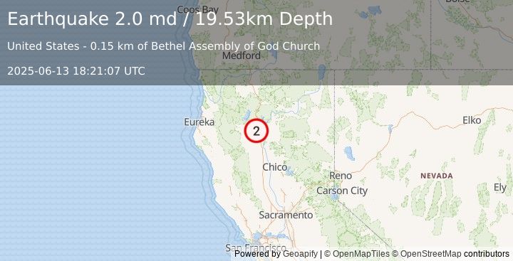 Earthquake 3 km WNW of Redding, CA (2.0 md) (2025-06-13 18:21:07 UTC)