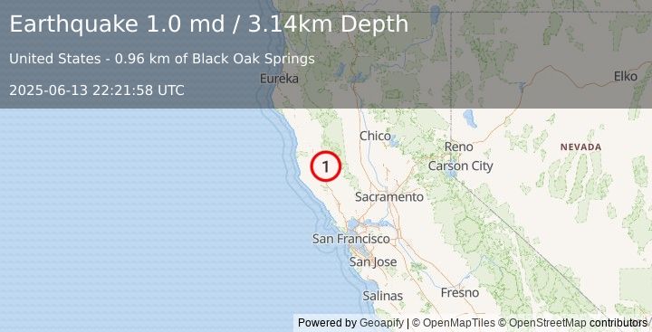 Earthquake 11 km W of Upper Lake, CA (1.0 md) (2025-06-13 22:21:58 UTC)