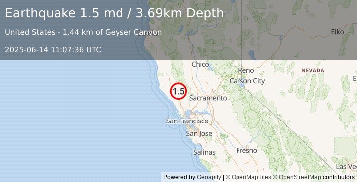 Earthquake 6 km NW of The Geysers, CA (1.5 md) (2025-06-14 11:07:36 UTC)