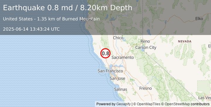 Earthquake 4 km NNW of The Geysers, CA (0.8 md) (2025-06-14 13:43:24 UTC)