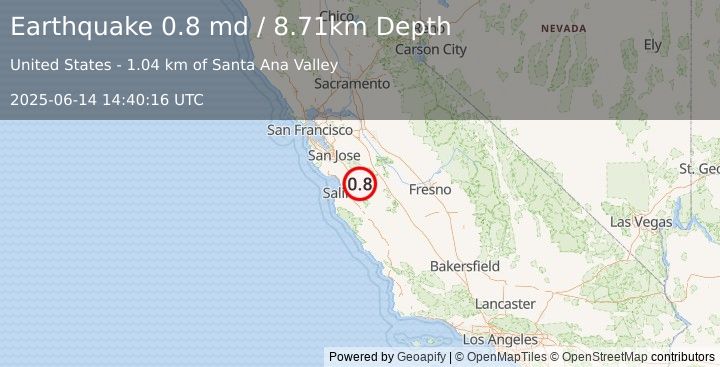Earthquake 5 km ENE of Ridgemark, CA (0.8 md) (2025-06-14 14:40:16 UTC)