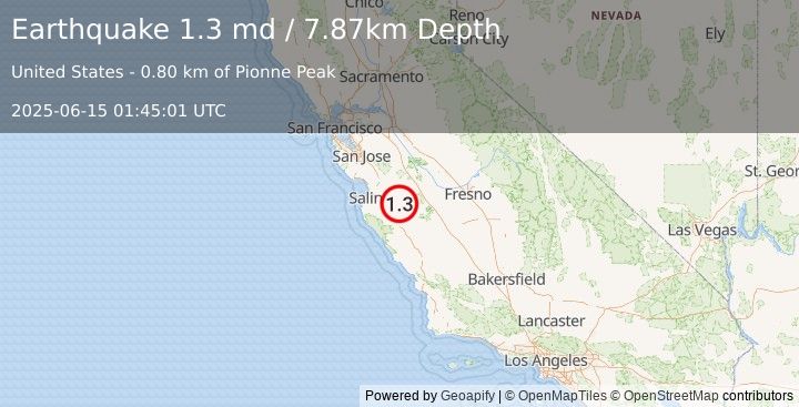 Earthquake 6 km NNE of Pinnacles, CA (1.3 md) (2025-06-15 01:45:01 UTC)