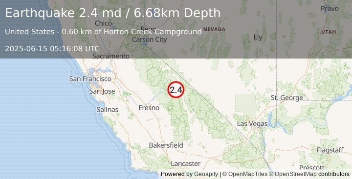 Earthquake 4 km SSE of Round Valley, CA (2.4 md) (2025-06-15 05:16:08 UTC)