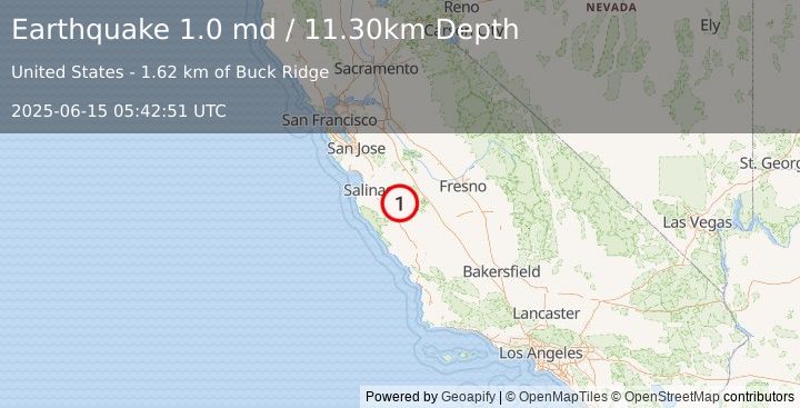Earthquake 14 km SE of Pinnacles, CA (1.0 md) (2025-06-15 05:42:51 UTC)