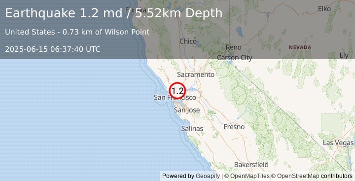 Earthquake 1 km NNW of Pinole, CA (1.2 md) (2025-06-15 06:37:40 UTC)