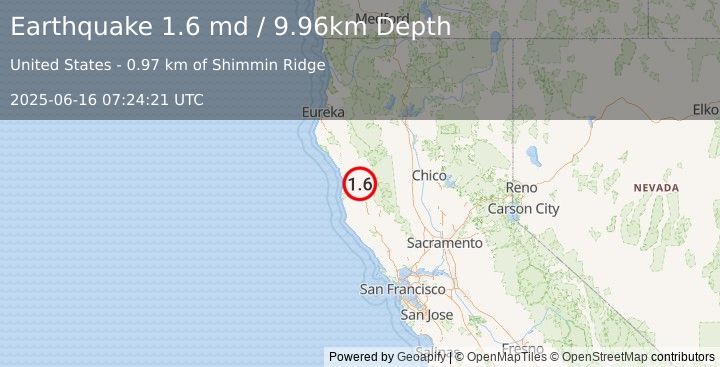 Earthquake 16 km SSE of Laytonville, CA (1.6 md) (2025-06-16 07:24:21 UTC)