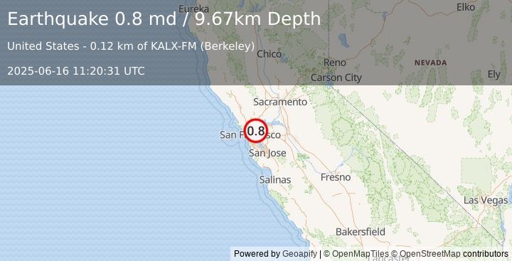 Earthquake 3 km E of Berkeley, CA (0.8 md) (2025-06-16 11:20:31 UTC)