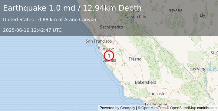 Earthquake 6 km ESE of Interlaken, CA (1.0 md) (2025-06-16 12:42:47 UTC)