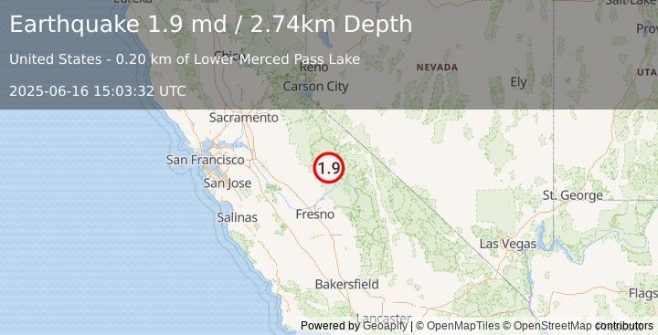 Earthquake 17 km SSE of Yosemite Valley, CA (1.9 md) (2025-06-16 15:03:32 UTC)