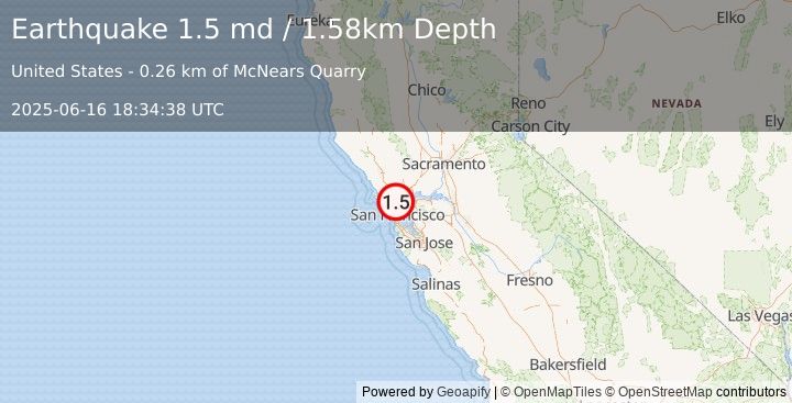 Earthquake 7 km ESE of Santa Venetia, CA (1.5 md) (2025-06-16 18:34:38 UTC)