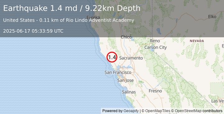 Earthquake 3 km ENE of Healdsburg, CA (1.4 md) (2025-06-17 05:33:59 UTC)