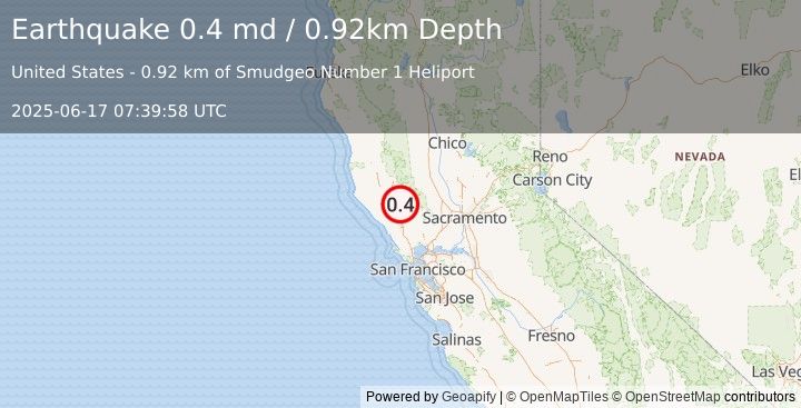 Earthquake 1 km NNW of The Geysers, CA (0.4 md) (2025-06-17 07:39:58 UTC)