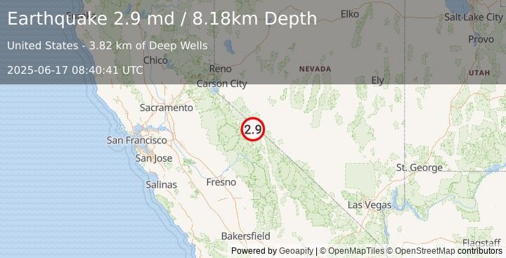 Earthquake 27 km SE of Bodie, CA (2.9 md) (2025-06-17 08:40:41 UTC)