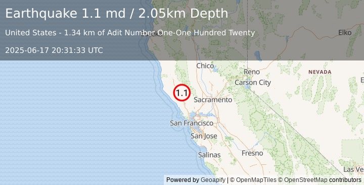 Earthquake 9 km NW of The Geysers, CA (1.1 md) (2025-06-17 20:31:33 UTC)