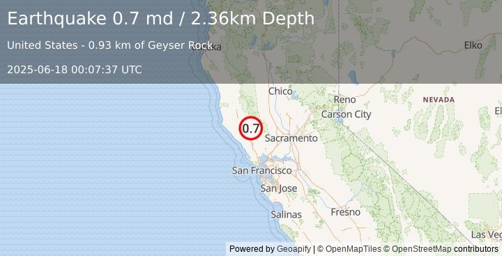 Earthquake 4 km W of Cobb, CA (0.7 md) (2025-06-18 00:07:37 UTC)