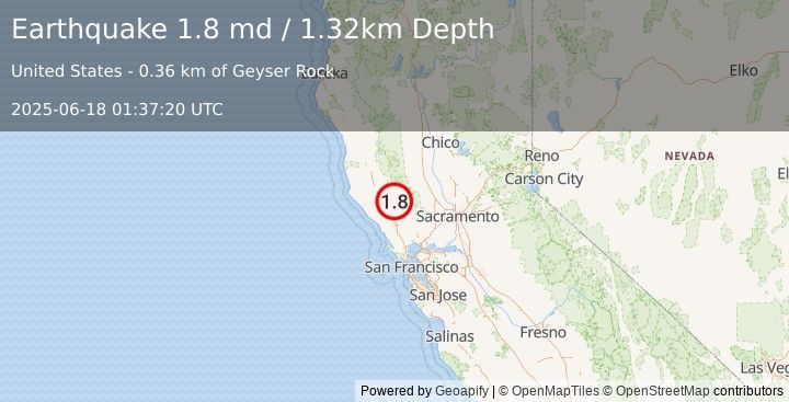 Earthquake 4 km W of Cobb, CA (1.8 md) (2025-06-18 01:37:20 UTC)