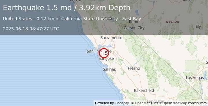 Earthquake 2 km ENE of Hayward, CA (1.5 md) (2025-06-18 08:47:27 UTC)