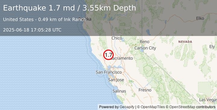 Earthquake 12 km SE of Hidden Valley Lake, CA (1.7 md) (2025-06-18 17:05:28 UTC)