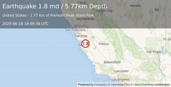 Earthquake 10 km SSE of San Juan Bautista, CA (1.8 md) (2025-06-18 18:09:38 UTC)