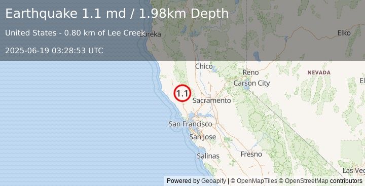 Earthquake 4 km WNW of Cobb, CA (1.1 md) (2025-06-19 03:28:53 UTC)