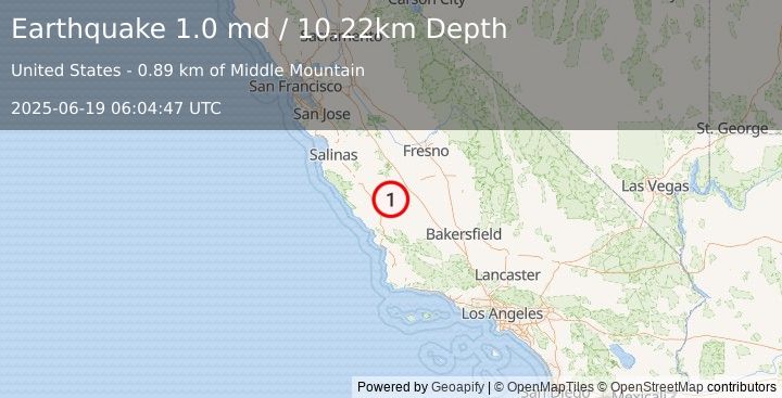 Earthquake 7 km NW of Parkfield, CA (1.0 md) (2025-06-19 06:04:47 UTC)