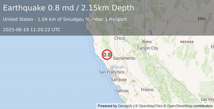Earthquake 1 km NNW of The Geysers, CA (0.8 md) (2025-06-19 11:20:22 UTC)